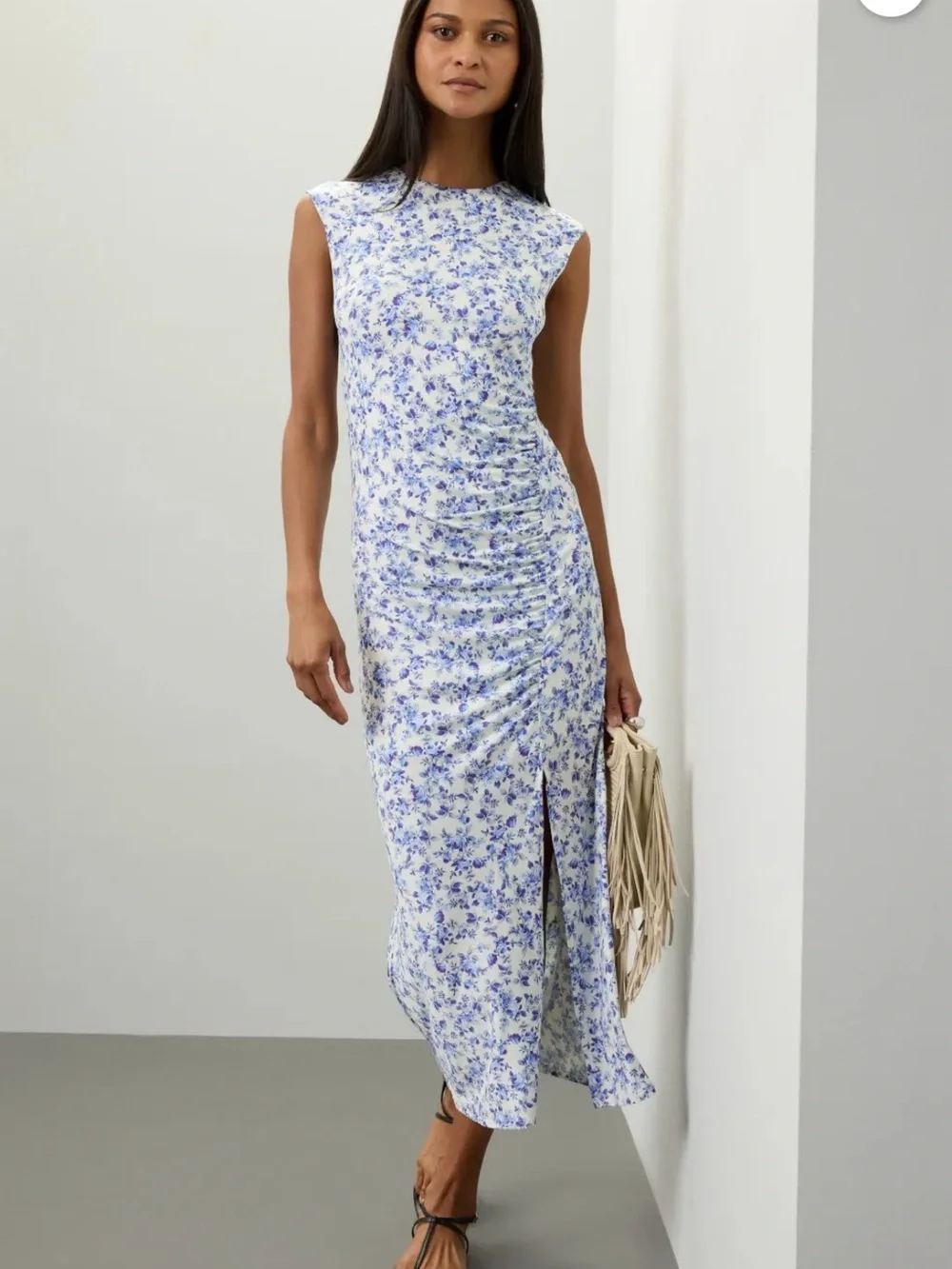 NWT Maje White and Blue Floral Sleeveless Ruched Maxi Dress Size 42 (US 10)